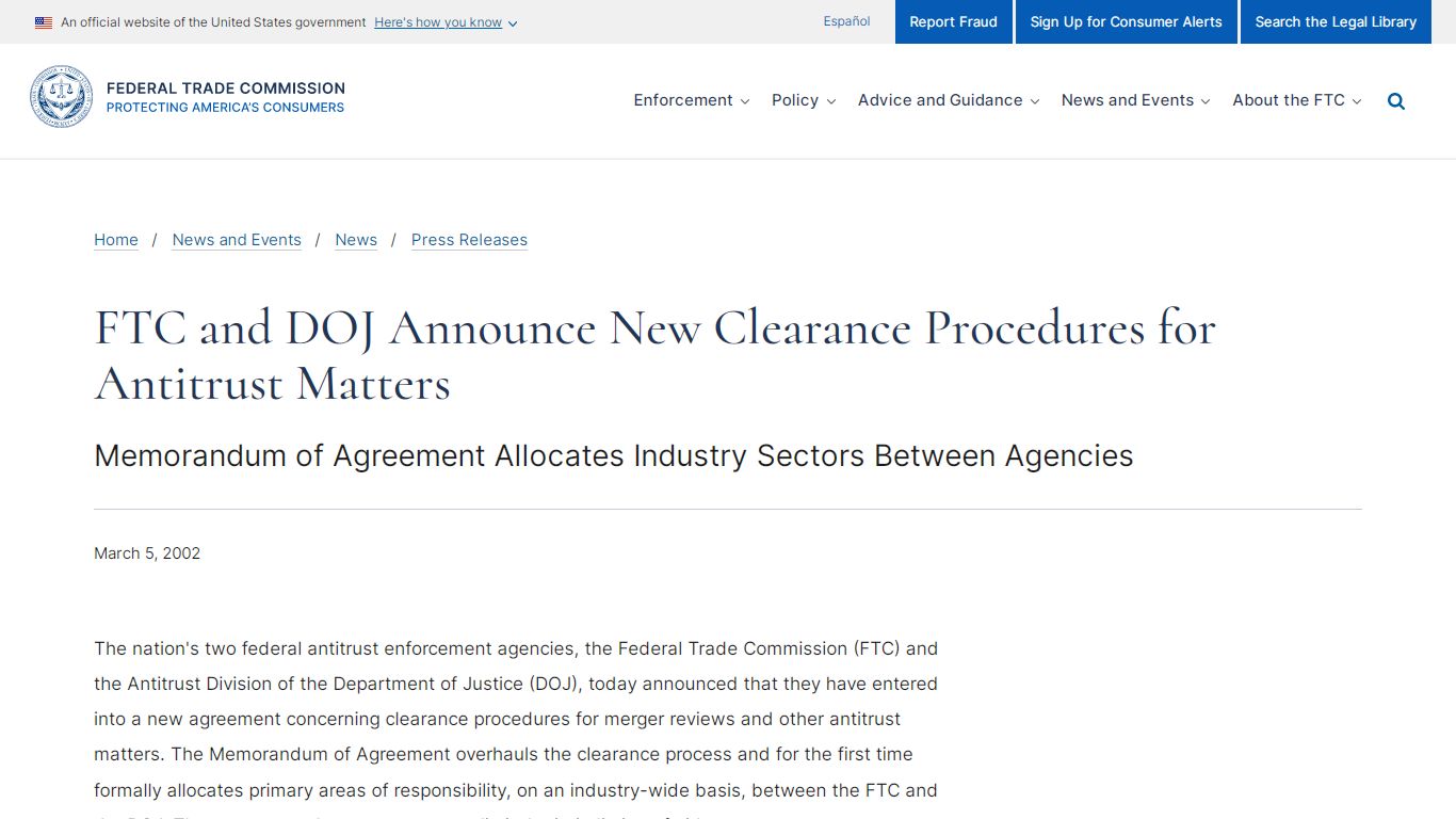 FTC and DOJ Announce New Clearance Procedures for Antitrust Matters