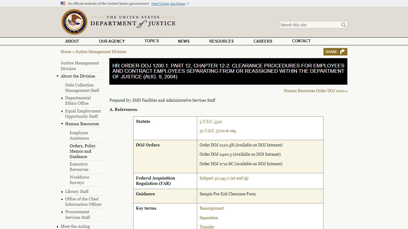 HR Order-doj 1200.1: Part 12, Chapter 12-2: Clearance Procedures for ...